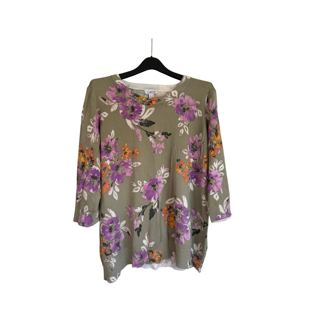 Denim & Co Floral Sweater Womens 3X Sage Green Purple‎ 3/4 Sleeve Knit A641418